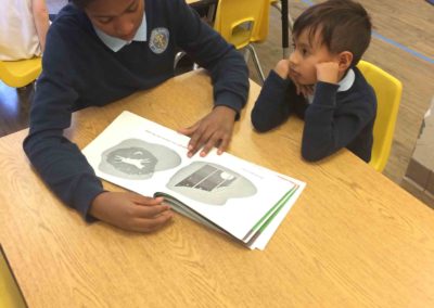 Buddies - older grade student reading to Kindergarten student during class time